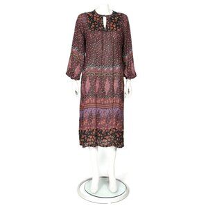 Vintage Ragtime Floral Black Pink Purple Peasant Prairie Midi Dress 70’s /244